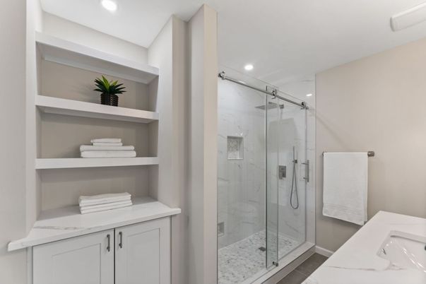 Bathroom, Glass Shower, Interior, Marble Walls, Recessed Lighting