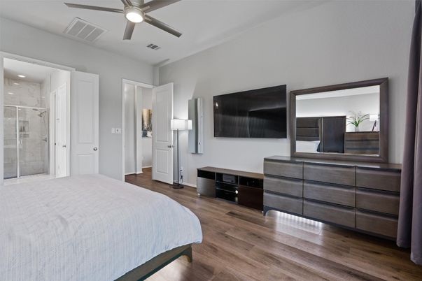 Bathroom, Bedroom, Glass Shower, Interior, Recessed Lighting, Wood Texture Flooring