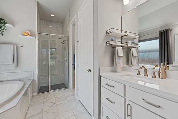 Bathroom, Dual Sink Vanities, Glass Shower, Interior, Marble, Recessed Lighting