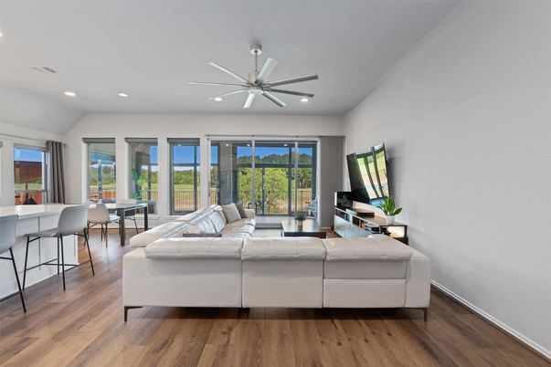Dining room, Interior, Living room, Recessed Lighting, Wood Texture Flooring