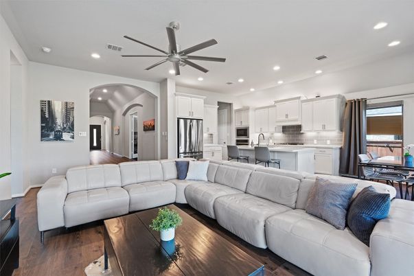 Dining room, Interior, Kitchen, Living room, Recessed Lighting, Stainless Steel Appliances, Wood Texture Flooring