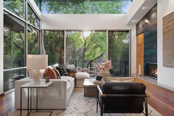 Fireplace, Interior, Living room, Recessed Lighting, Sun Room, Wood Texture Flooring