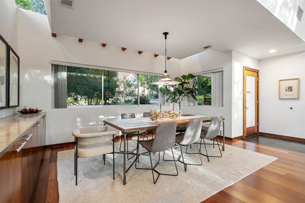 Dining room, Interior, Pendant Lights, Recessed Lighting, Wood Texture Flooring