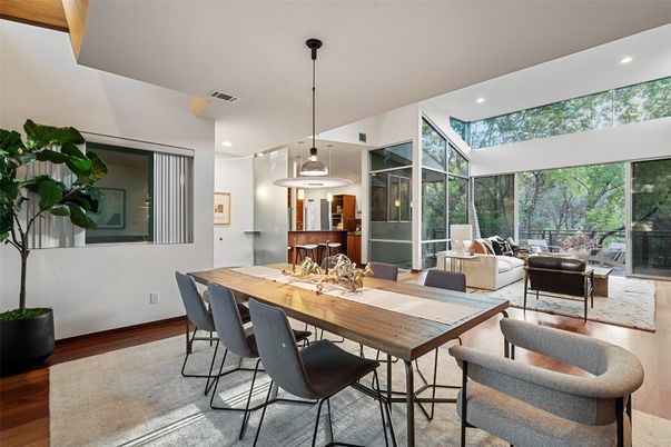 Dining room, Interior, Living room, Pendant Lights, Recessed Lighting, Wood Texture Flooring
