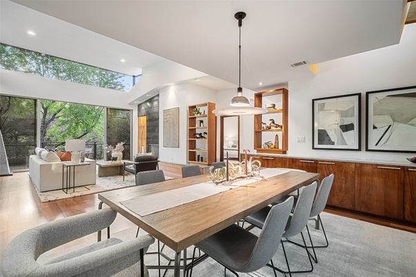 Dining room, Interior, Living room, Pendant Lights, Recessed Lighting, Wood Texture Flooring