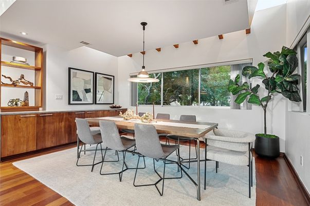 Dining room, Interior, Pendant Lights, Recessed Lighting, Wood Texture Flooring