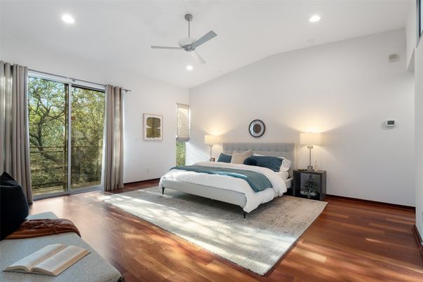 Bedroom, Interior, Recessed Lighting, Wood Texture Flooring