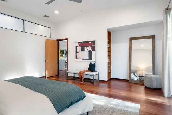 Bedroom, Interior, Recessed Lighting, Wood Texture Flooring