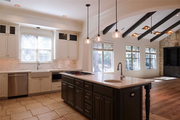 Interior, Kitchen, Pendant Lights, Recessed Lighting, Stainless Steel Appliances, Stone Walls, Wood Texture Flooring