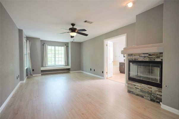 Empty room, Fireplace, Interior, Recessed Lighting, Wood Texture Flooring