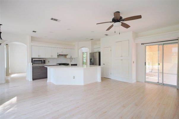 Empty room, Interior, Kitchen, Recessed Lighting, Wood Texture Flooring