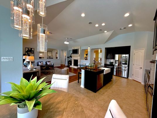Fireplace, Interior, Kitchen, Living room, Pendant Lights, Recessed Lighting, Stainless Steel Appliances