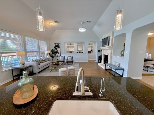 Fireplace, Interior, Living room, Pendant Lights, Wood Texture Flooring