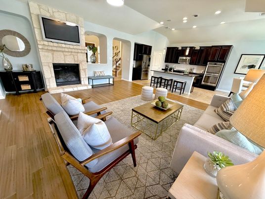 Fireplace, Interior, Kitchen, Living room, Recessed Lighting, Stainless Steel Appliances, Wood Texture Flooring