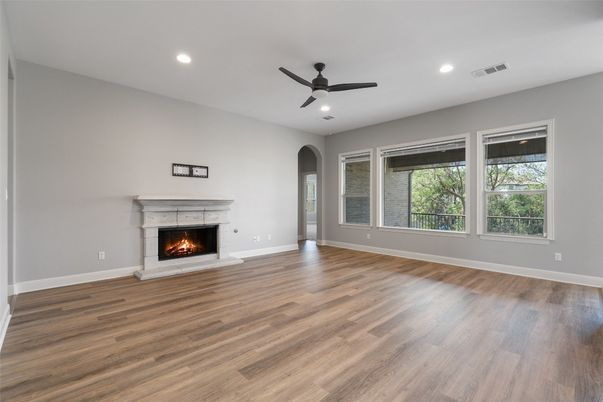 Empty room, Fireplace, Interior, Recessed Lighting, Wood Texture Flooring