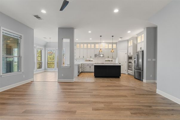 Interior, Kitchen, Pendant Lights, Recessed Lighting, Stainless Steel Appliances, Wood Texture Flooring