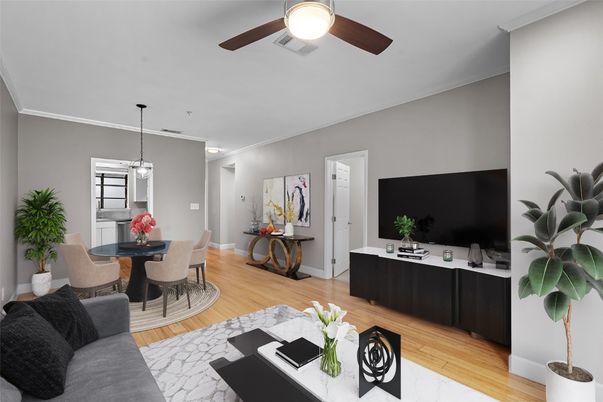 Dining room, Interior, Living room, Pendant Lights, Wood Texture Flooring