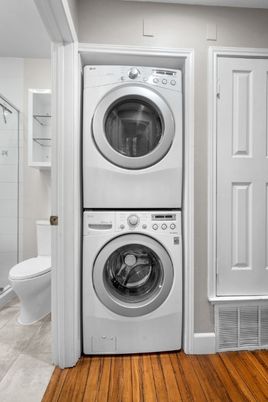 Bathroom, Interior, Utility Closets, Washer, Wood Texture Flooring