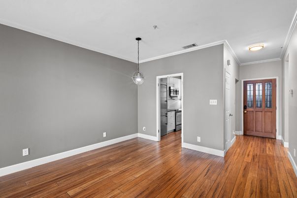 Empty room, Interior, Kitchen, Pendant Lights, Wood Texture Flooring