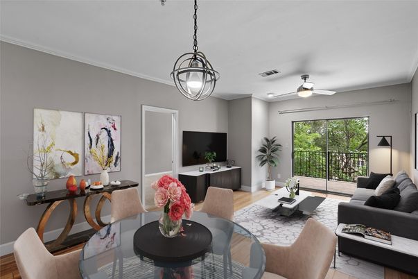 Dining room, Interior, Living room, Pendant Lights, Recessed Lighting, Wood Texture Flooring