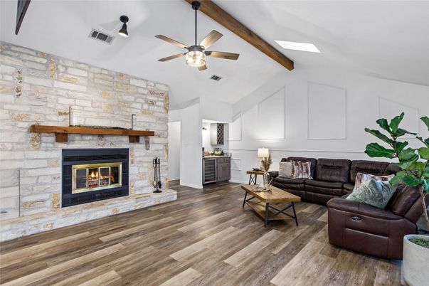 Fireplace, Interior, Living room, Stone Walls, Wooden Beams, Wood Texture Flooring