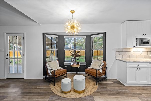 Interior, Kitchen, Living room, Pendant Lights, Wood Texture Flooring