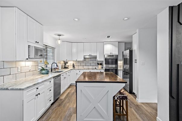 Interior, Kitchen, Pendant Lights, Recessed Lighting, Stainless Steel Appliances, Wood Texture Flooring