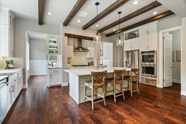 Interior, Kitchen, Pendant Lights, Recessed Lighting, Stainless Steel Appliances, Wooden Beams, Wood Texture Flooring