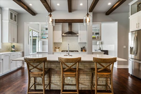 Interior, Kitchen, Pendant Lights, Recessed Lighting, Stainless Steel Appliances, Wooden Beams, Wood Texture Flooring