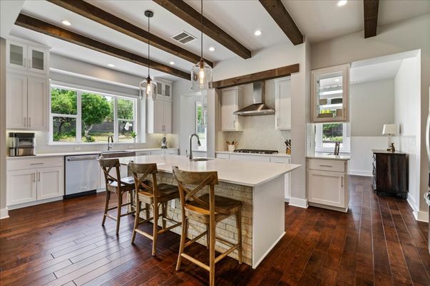 Interior, Kitchen, Pendant Lights, Recessed Lighting, Stainless Steel Appliances, Wooden Beams, Wood Texture Flooring