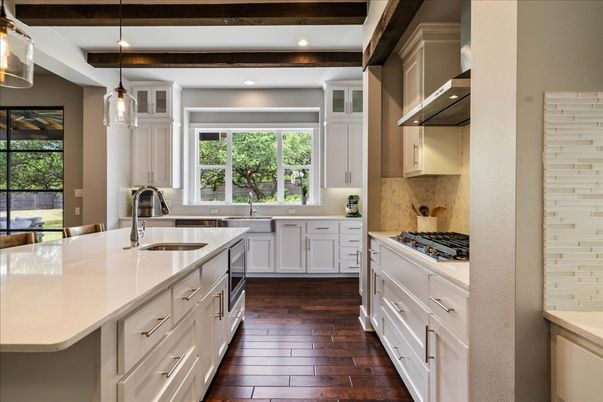 Interior, Kitchen, Pendant Lights, Recessed Lighting, Stainless Steel Appliances, Wooden Beams, Wood Texture Flooring