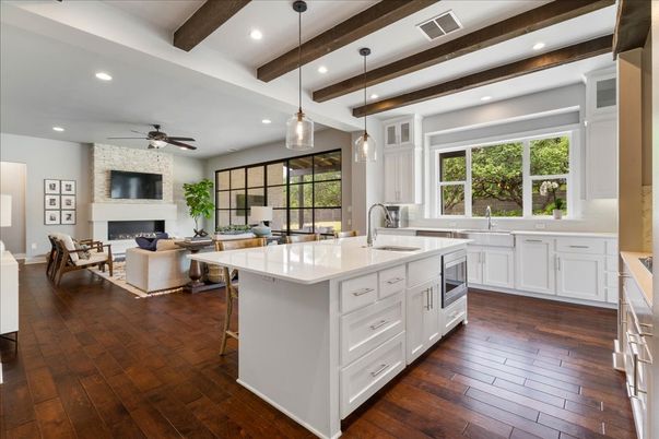 Fireplace, Interior, Kitchen, Living room, Pendant Lights, Recessed Lighting, Wooden Beams, Wood Texture Flooring