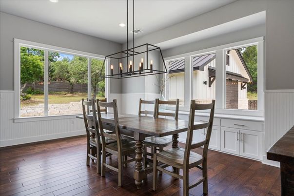 Dining room, Interior, Pendant Lights, Recessed Lighting, Wood Texture Flooring