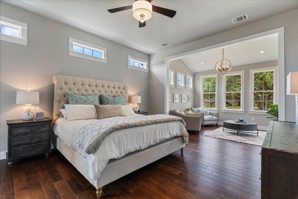 Bedroom, Interior, Pendant Lights, Recessed Lighting, Wood Texture Flooring