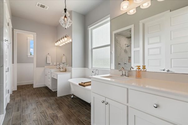 Bathroom, Chandelier, Dual Sink Vanities, Interior, Wood Texture Flooring
