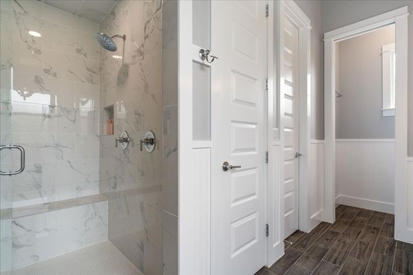 Bathroom, Glass Shower, Interior, Marble Walls, Wood Texture Flooring