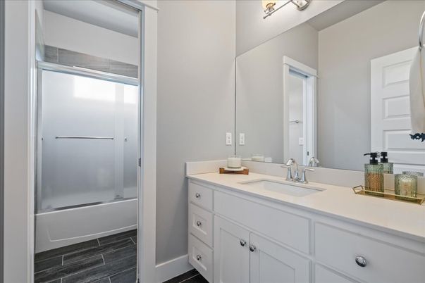 Bathroom, Glass Shower, Interior, Wood Texture Flooring