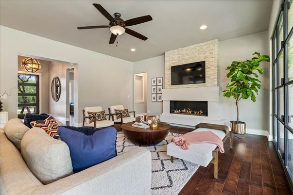 Fireplace, Interior, Living room, Recessed Lighting, Stone Walls, Wood Texture Flooring