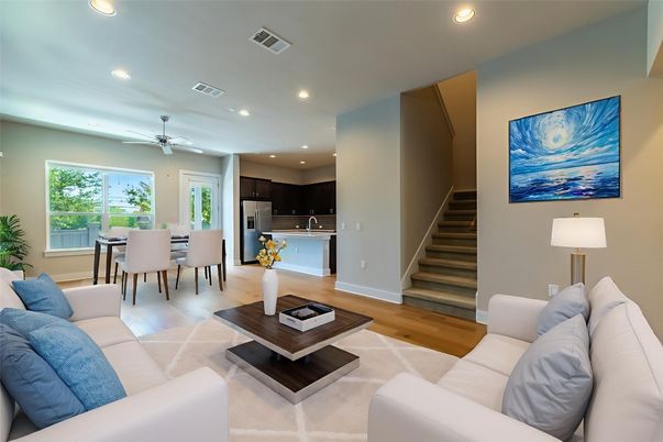 Dining room, Interior, Kitchen, Living room, Recessed Lighting, Stainless Steel Appliances, Wood Texture Flooring