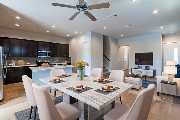 Dining room, Interior, Kitchen, Living room, Recessed Lighting, Stainless Steel Appliances, Wood Texture Flooring