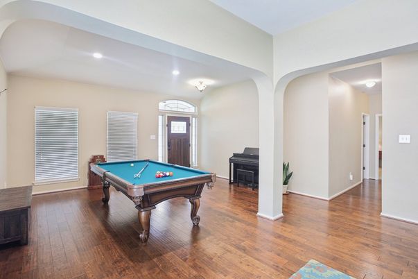Billiard Table, Game Room, Interior, Piano, Recessed Lighting, Wood Texture Flooring