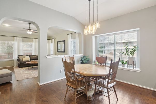 Dining room, Interior, Pendant Lights, Wood Texture Flooring