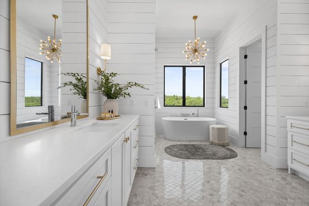 Bathroom, Dual Sink Vanities, Free Standing Baths, Interior, Marble, Pendant Lights