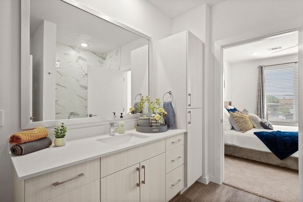 Bathroom, Bedroom, Dual Sink Vanities, Interior, Marble Walls, Recessed Lighting, Wood Texture Flooring