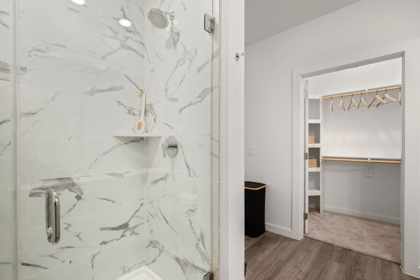Bathroom, Glass Shower, Interior, Marble Walls, Walk-in Closets, Wood Texture Flooring