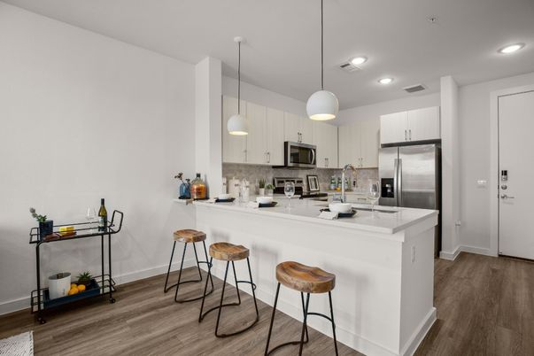 Interior, Kitchen, Pendant Lights, Recessed Lighting, Stainless Steel Appliances, Wood Texture Flooring