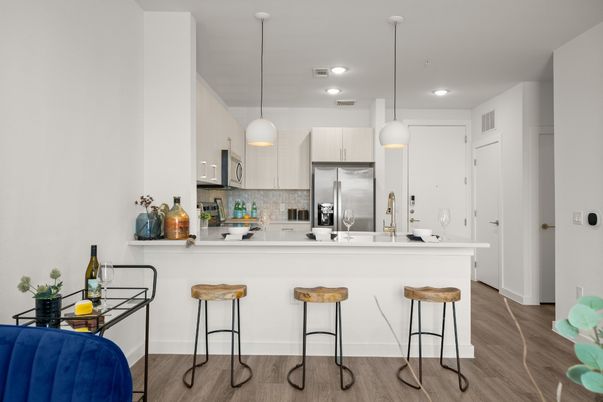 Interior, Kitchen, Pendant Lights, Recessed Lighting, Stainless Steel Appliances, Wood Texture Flooring