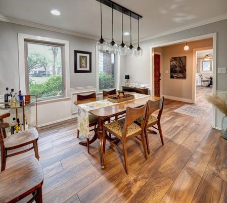 Dining room, Interior, Pendant Lights, Recessed Lighting, Wood Texture Flooring