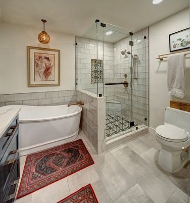 Bathroom, Free Standing Baths, Glass Shower, Interior, Recessed Lighting