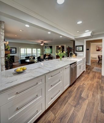 Interior, Kitchen, Recessed Lighting, Stone Walls, Wood Texture Flooring